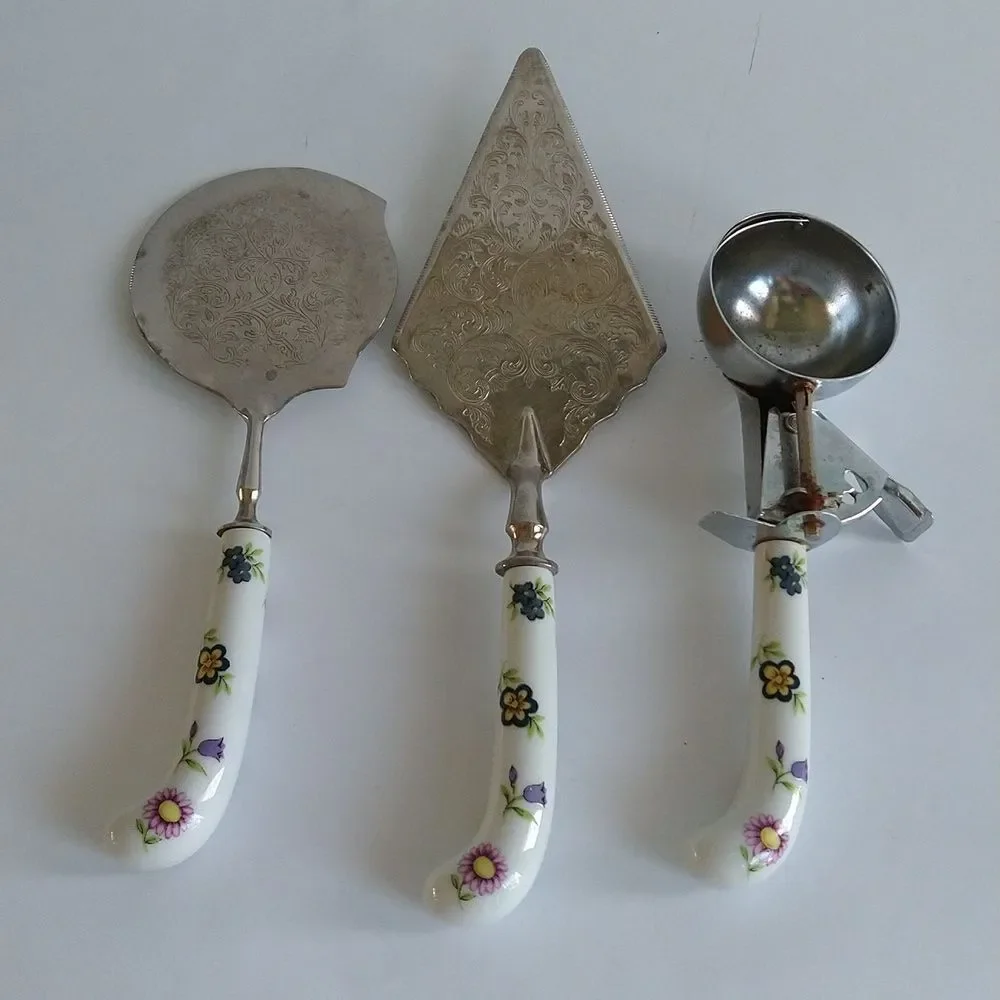 Vintage Raimond Silver Plate Serving Set Porcelain Floral Cake Ice Cream Cheese
